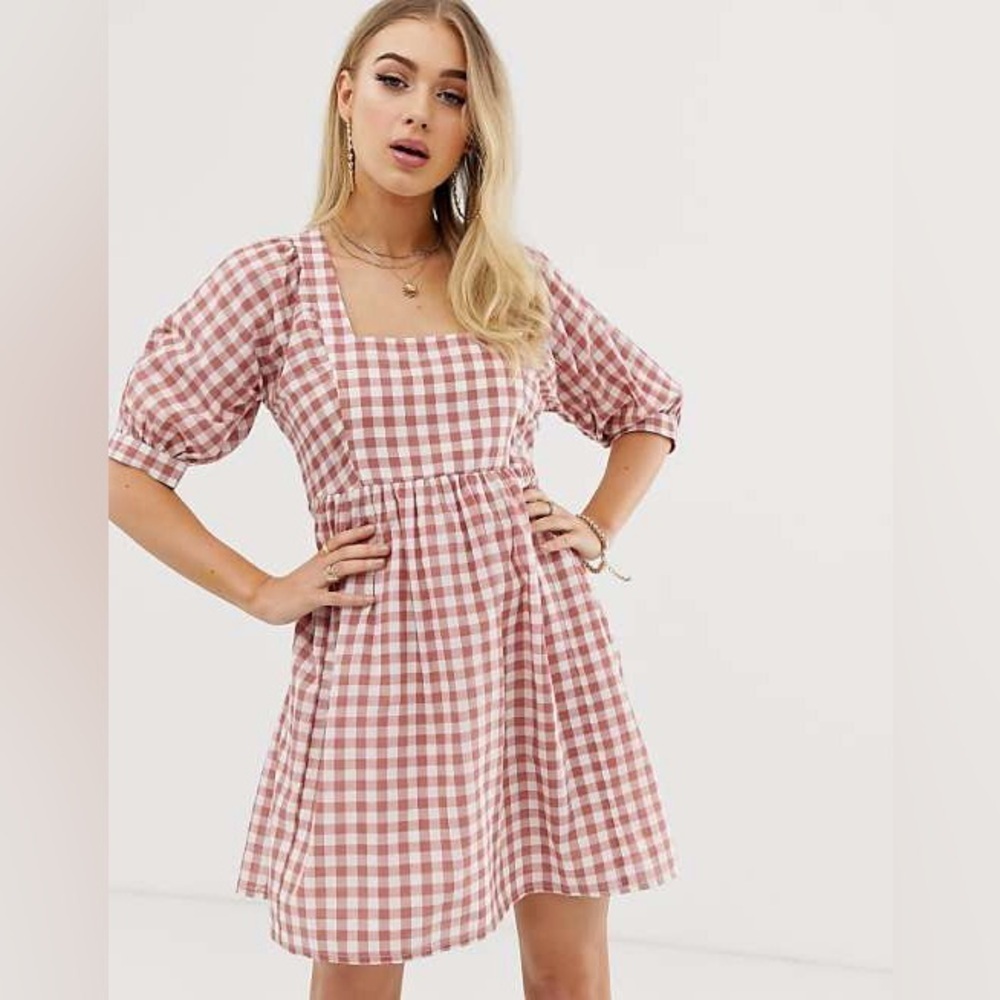 NEW ASOS DESIGN Pink/White Mini Smock Dress in Gingham Sz 10